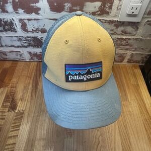Patagonia P-6 Logo Trucker Hat Mens Yellow Blue Snapback Mesh Cap 38289